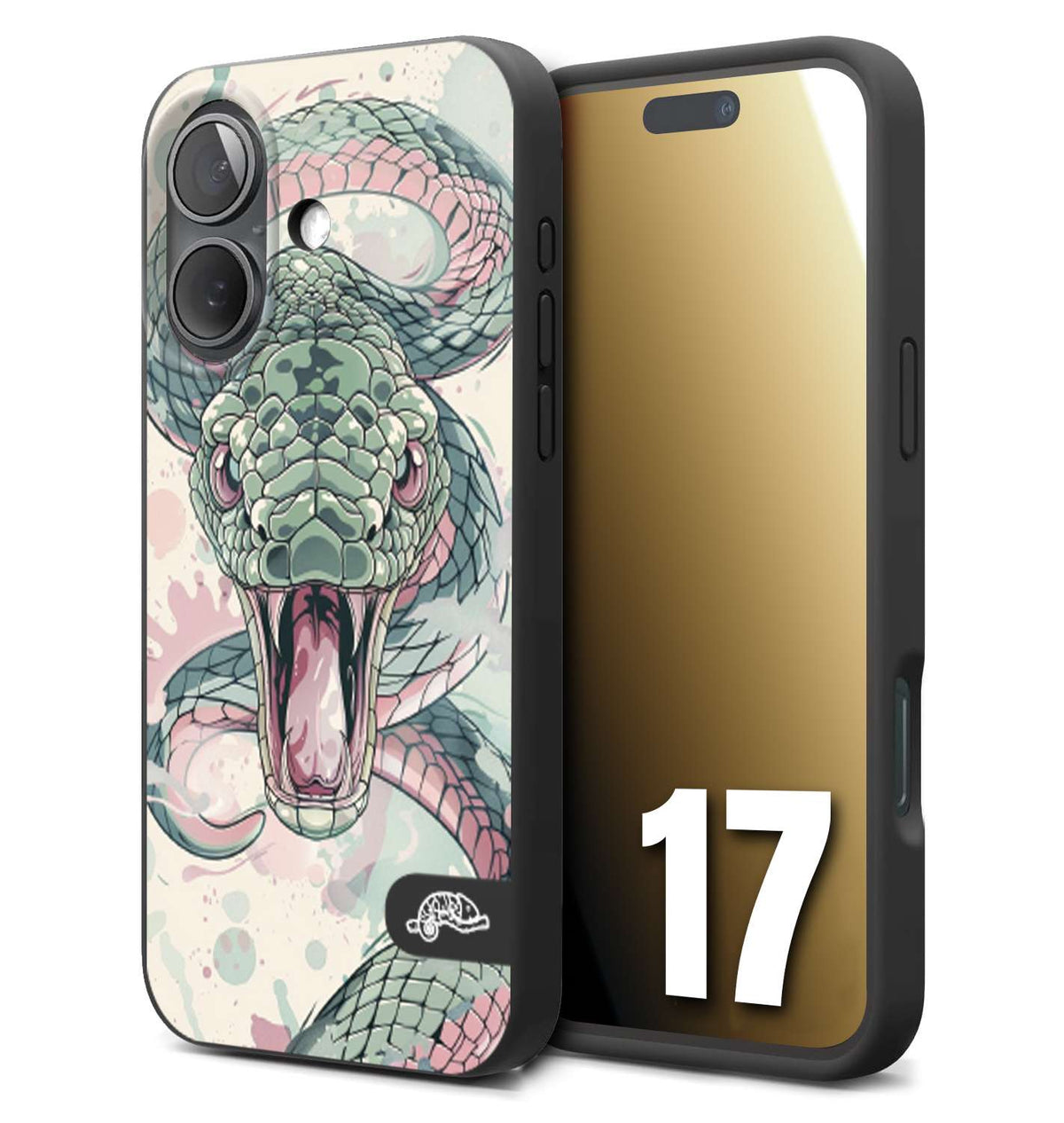 CUSTOMIZZA - Custodia cover nera morbida in tpu compatibile per iPhone 17 snake pink green serpente tatuaggio tattoo disegnato a mano