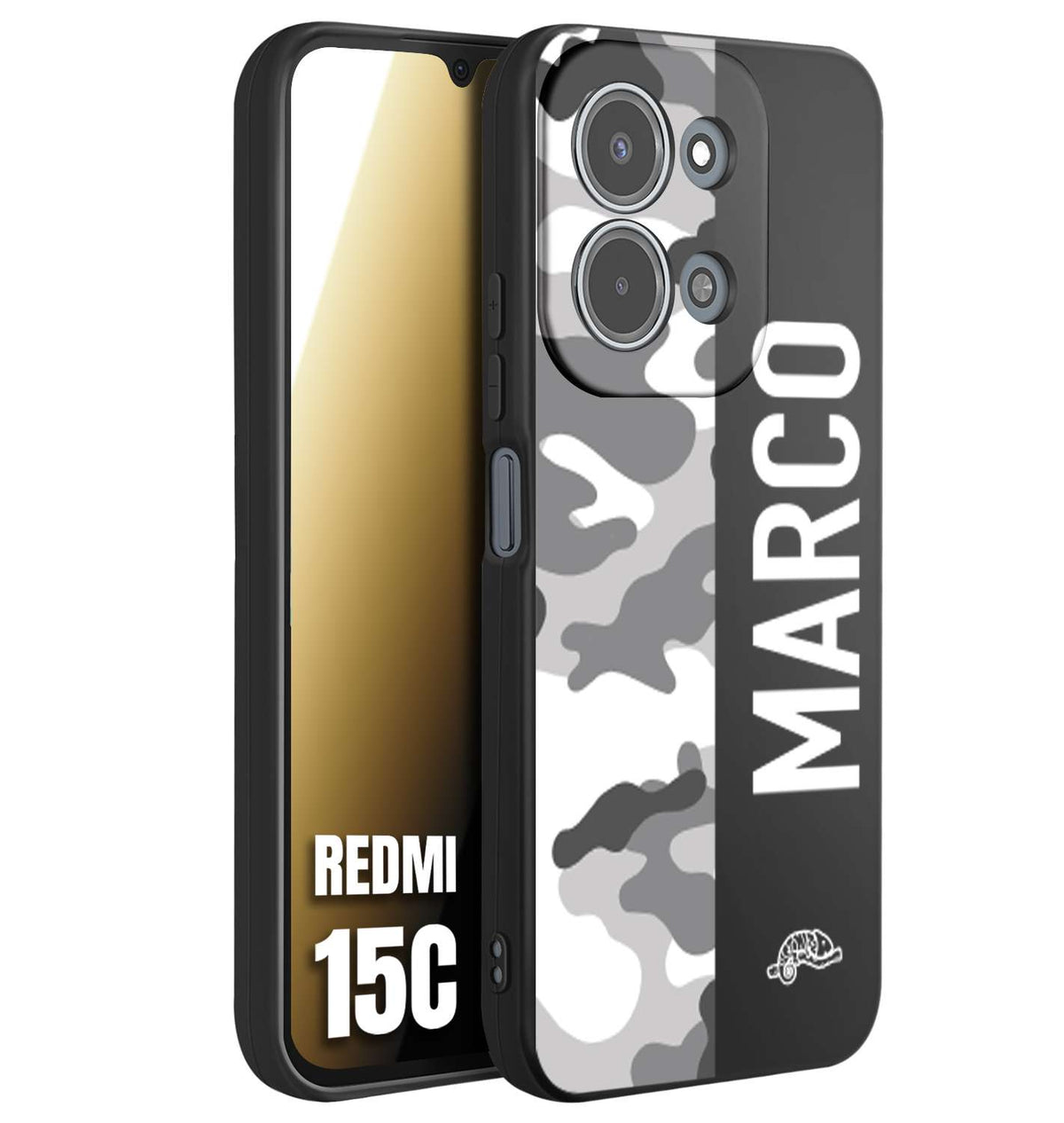 CUSTOMIZZA - Custodia cover nera morbida in tpu compatibile per Xiaomi Redmi 15C camouflage mimetico militare personalizzata nome bianco