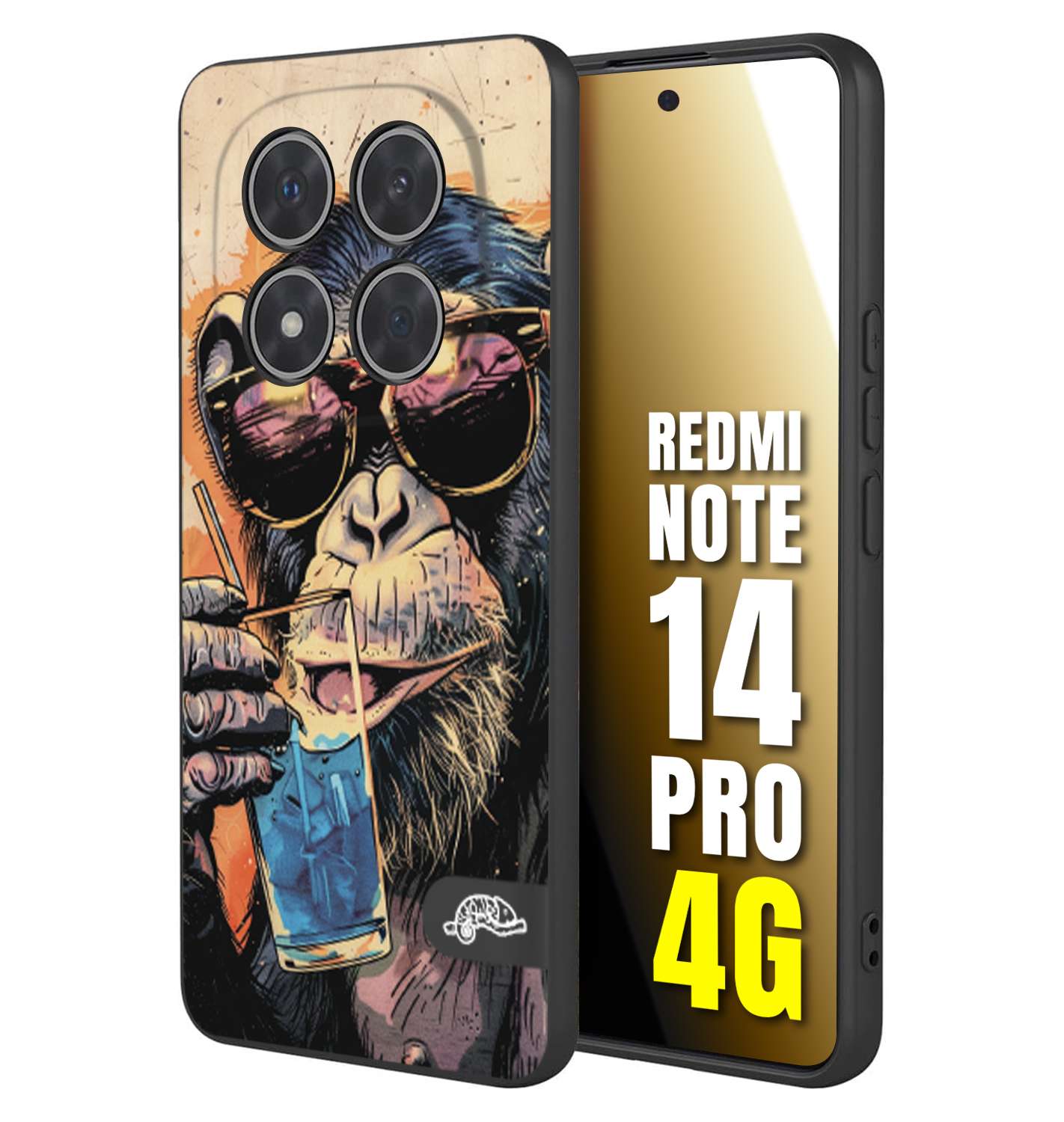 CUSTOMIZZA - Custodia cover nera morbida in tpu compatibile per Xiaomi Redmi Note 14 PRO 4G estate disegnata cocktails animali simpatici scimmia monkey negroni