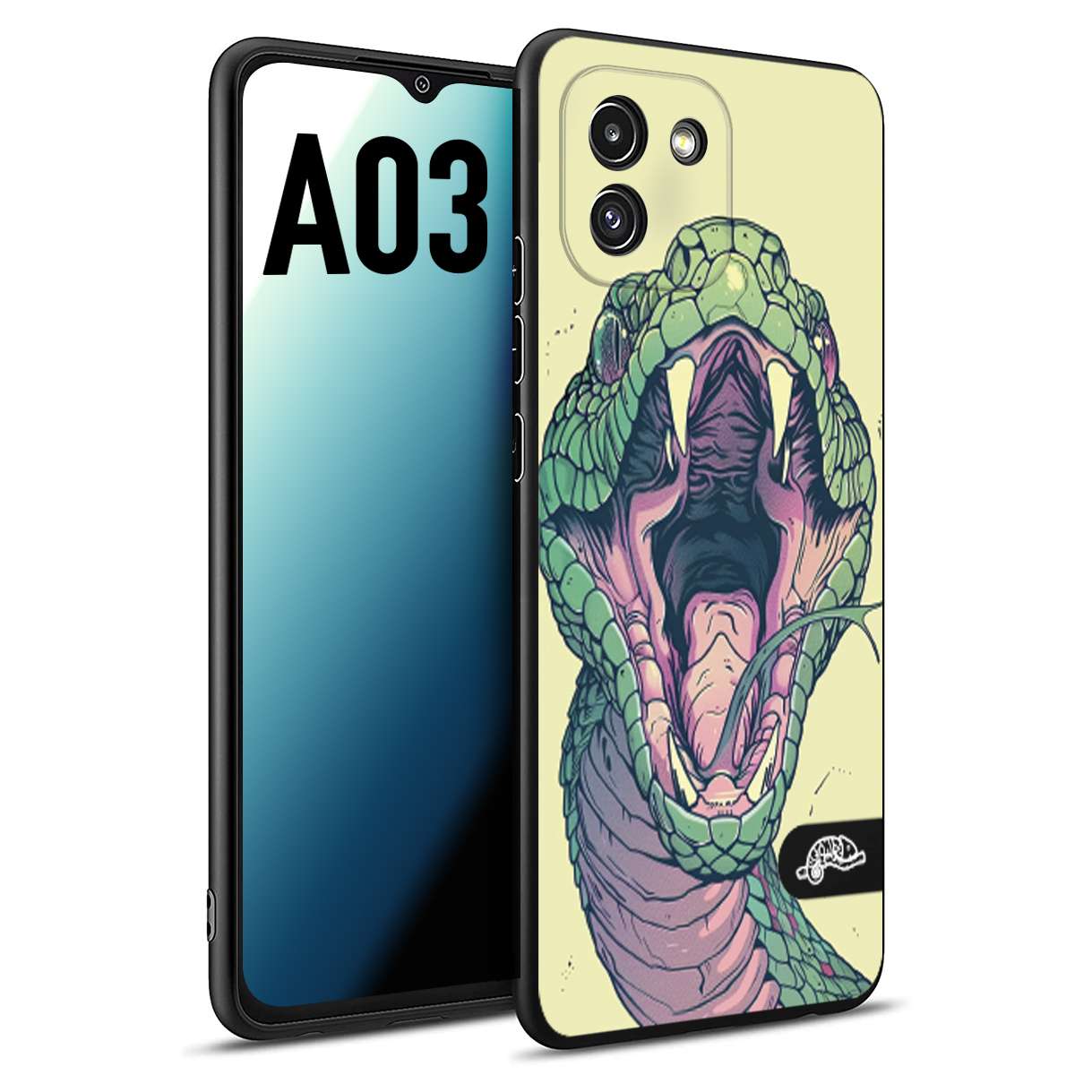 CUSTOMIZZA - Custodia cover nera morbida in tpu compatibile per Samsung A03 snake yellow green serpente tatuaggio tattoo disegnato a mano