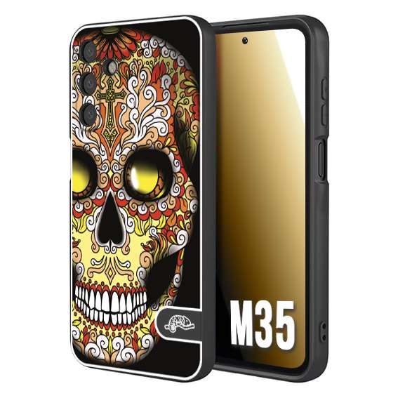 CUSTOMIZZA - Custodia cover nera morbida in tpu compatibile per Samsung M35 teschio messicano Mexican skull giallo rosso arancio