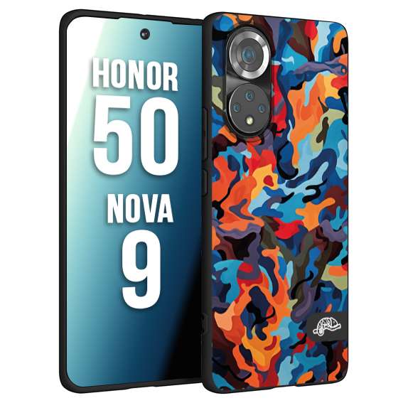CUSTOMIZZA - Custodia cover nera morbida in tpu compatibile per Huawei Nova 9 - Honor 50 camouflage mimetico militare moderno blu arancio rosso