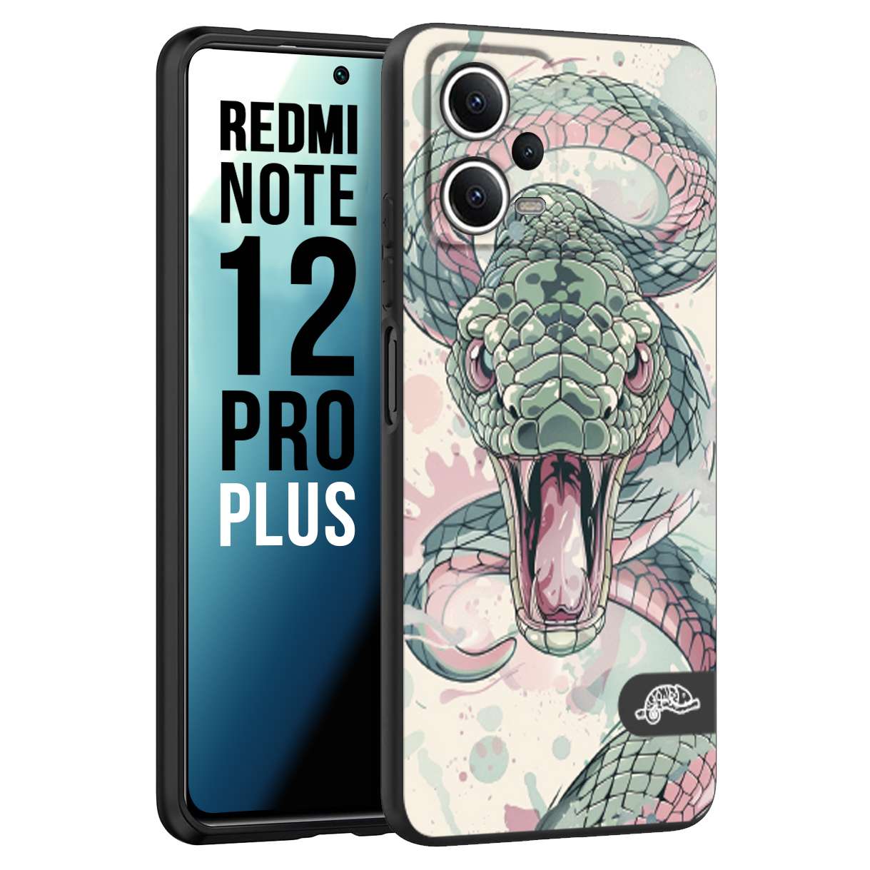 CUSTOMIZZA - Custodia cover nera morbida in tpu compatibile per Xiaomi Redmi Note 12 PRO PLUS snake pink green serpente tatuaggio tattoo disegnato a mano