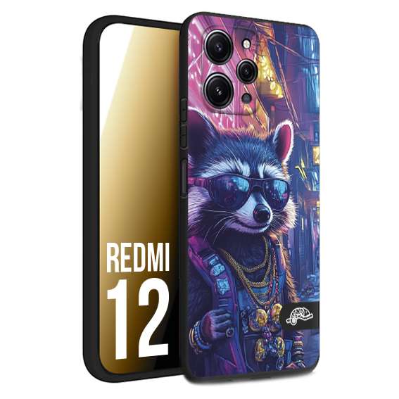 CUSTOMIZZA - Custodia cover nera morbida in tpu compatibile per Xiaomi Redmi 12 animali simpatici cyberpunk procione racoon street cat fucsia blu giallo