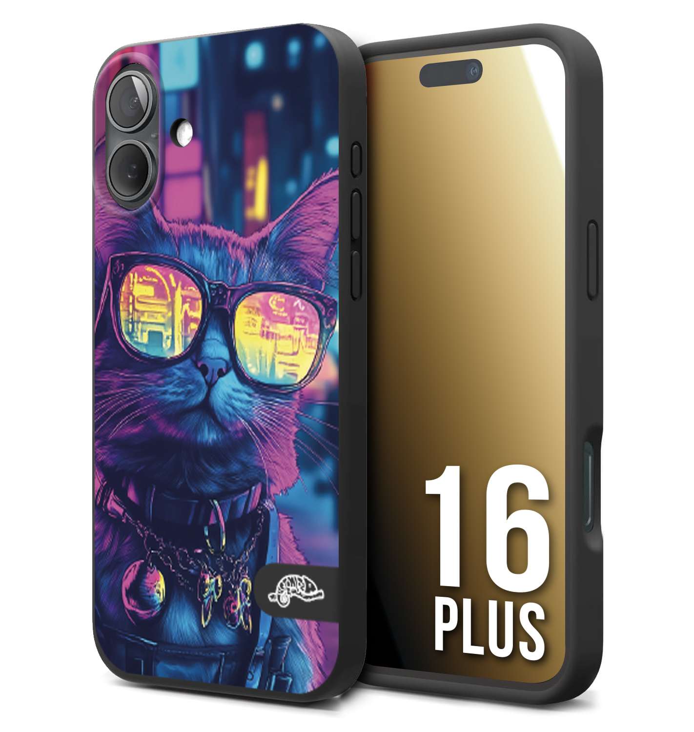 CUSTOMIZZA - Custodia cover nera morbida in tpu compatibile per iPhone 16 PLUS animali cyberpunk gatto street cat fucsia blu giallo