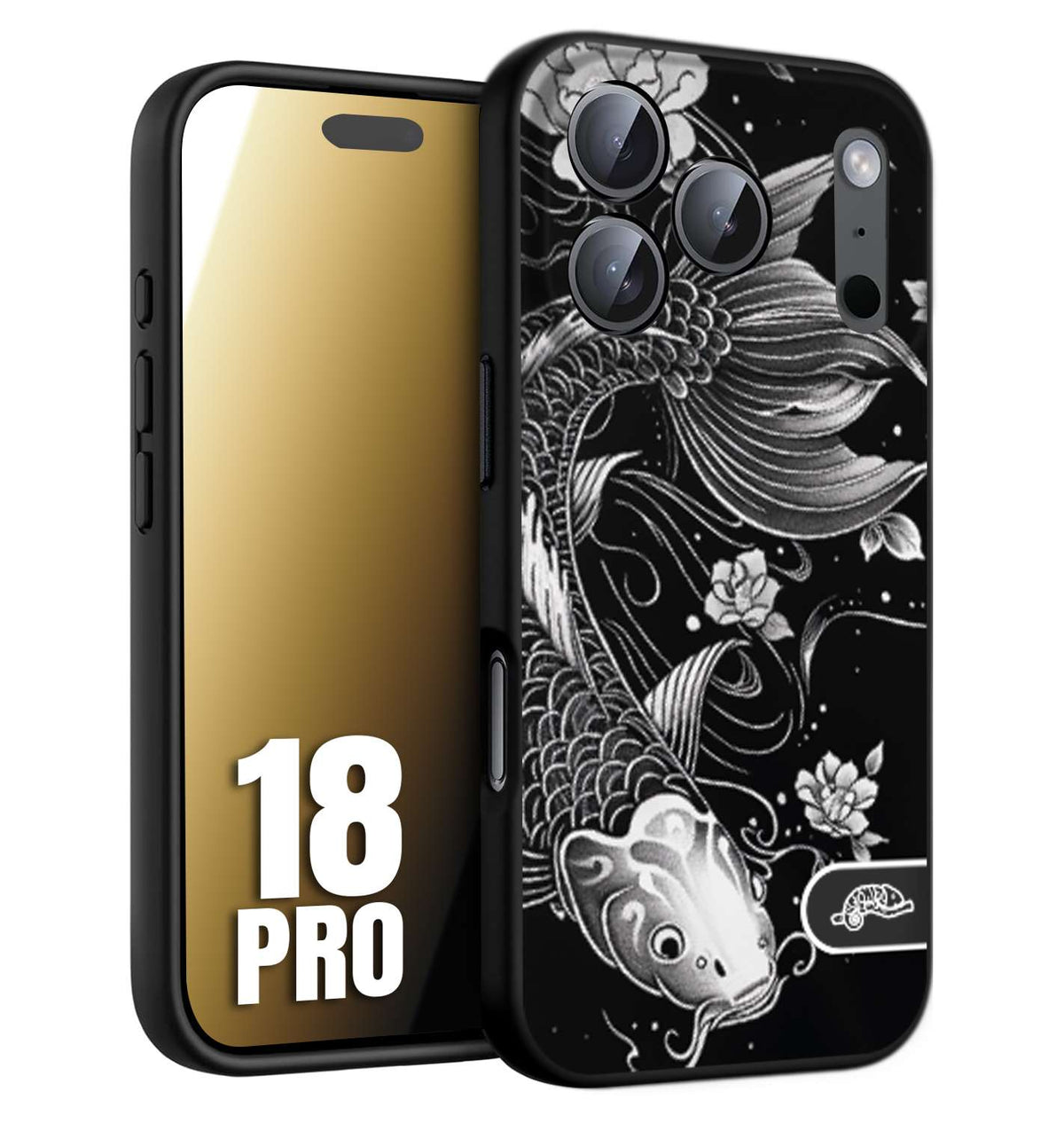CUSTOMIZZA - Custodia cover nera morbida in tpu compatibile per iPhone 18 PRO carpa koi black and white bianco a rilievo disegnato tattoo tatuaggio