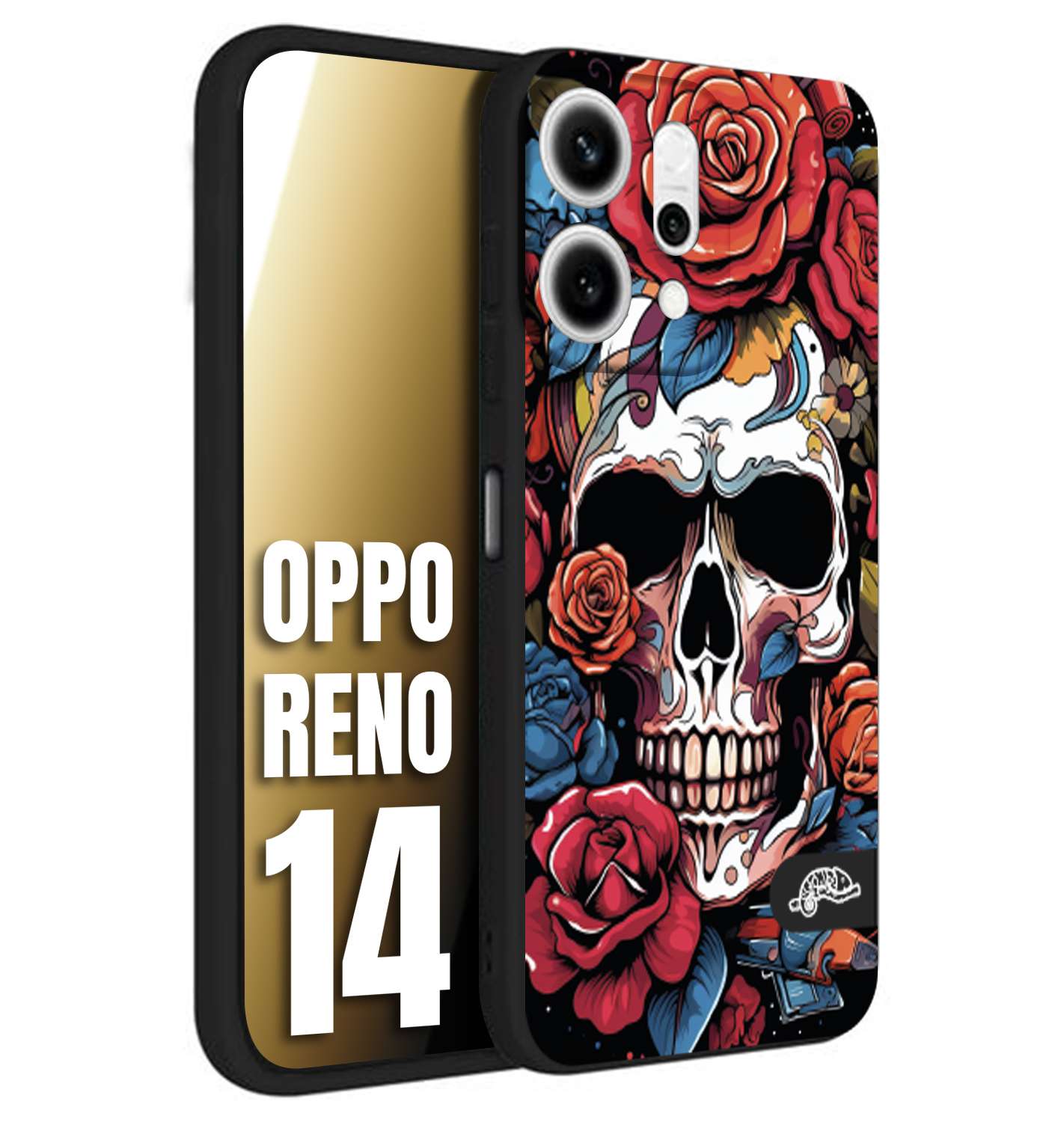 CUSTOMIZZA - Custodia cover nera morbida in tpu compatibile per Oppo Reno 14 teschio skull flowers fiori rose rosse tattoo disegnato
