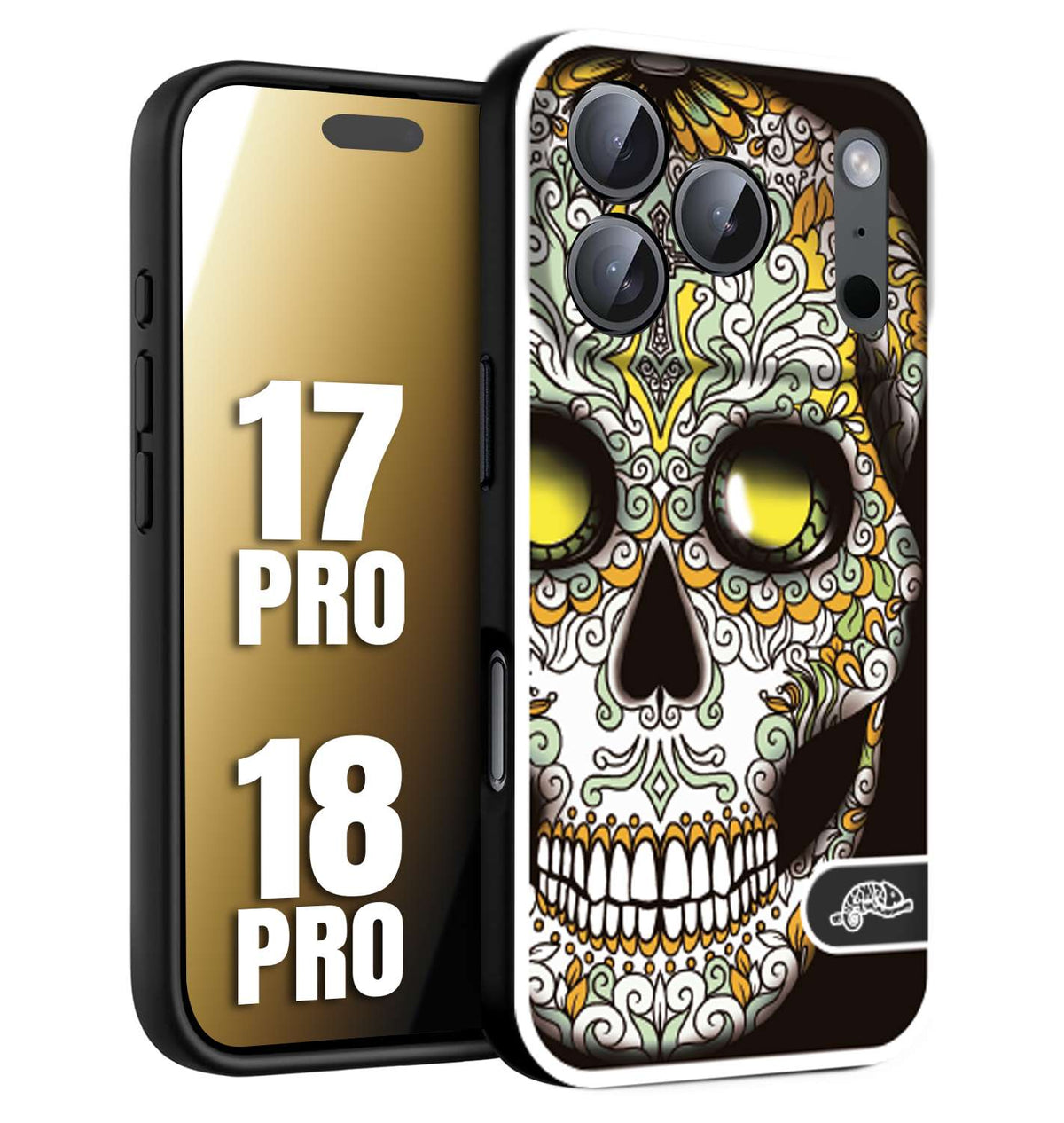 CUSTOMIZZA - Custodia cover nera morbida in tpu compatibile per iPhone 17 PRO - 18 PRO teschio messicano Mexican skull bianco verde giallo