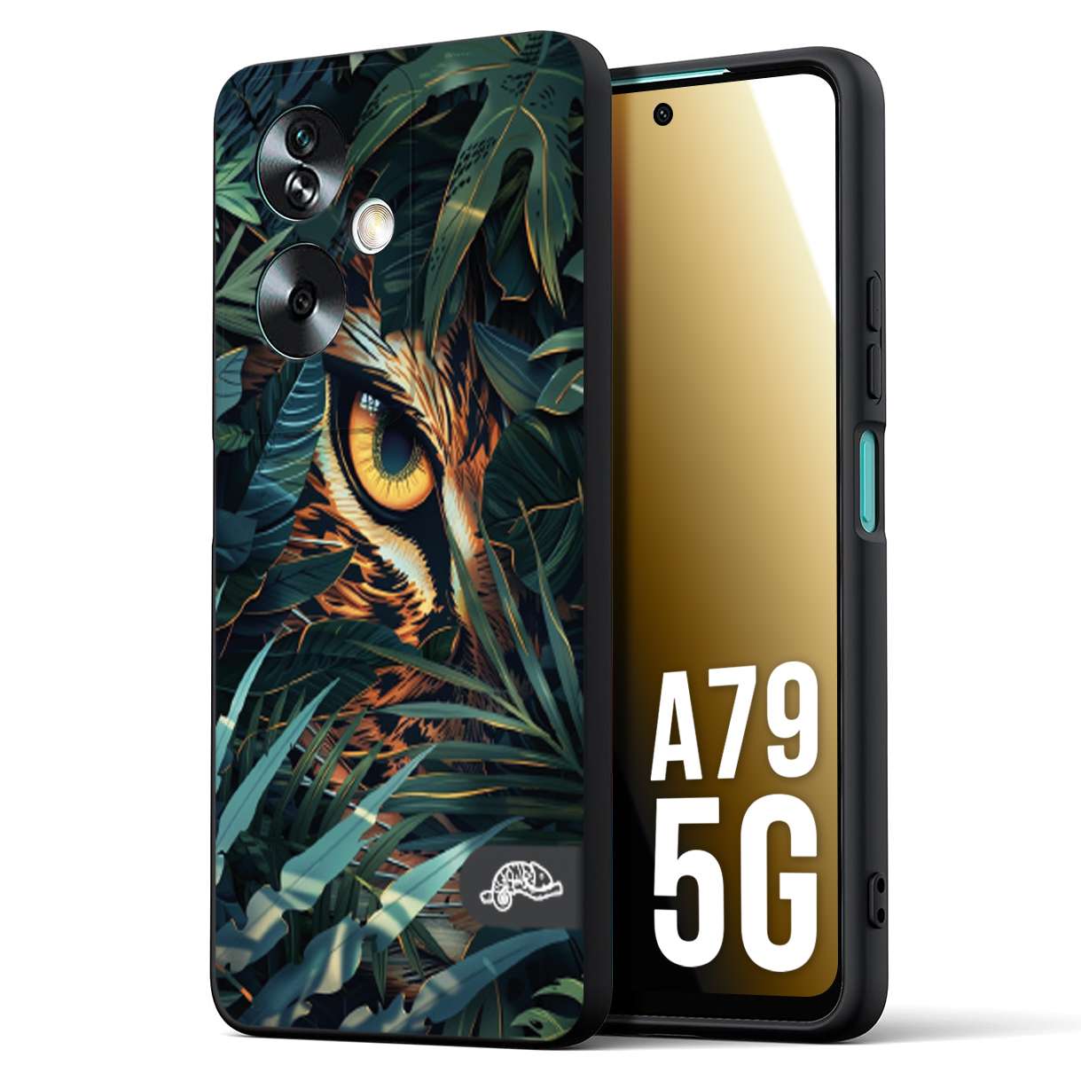 CUSTOMIZZA - Custodia cover nera morbida in tpu compatibile per Oppo A79 5G animali color giungla tropicale occhio di giaguaro felino disegnato