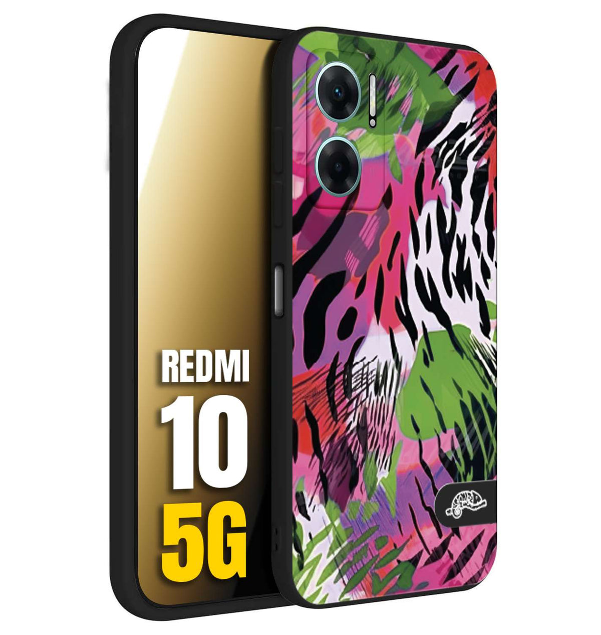 CUSTOMIZZA - Custodia cover nera morbida in tpu compatibile per Xiaomi Redmi 10 5G leopardato tigrato tiger colorata summer color verde fucsia