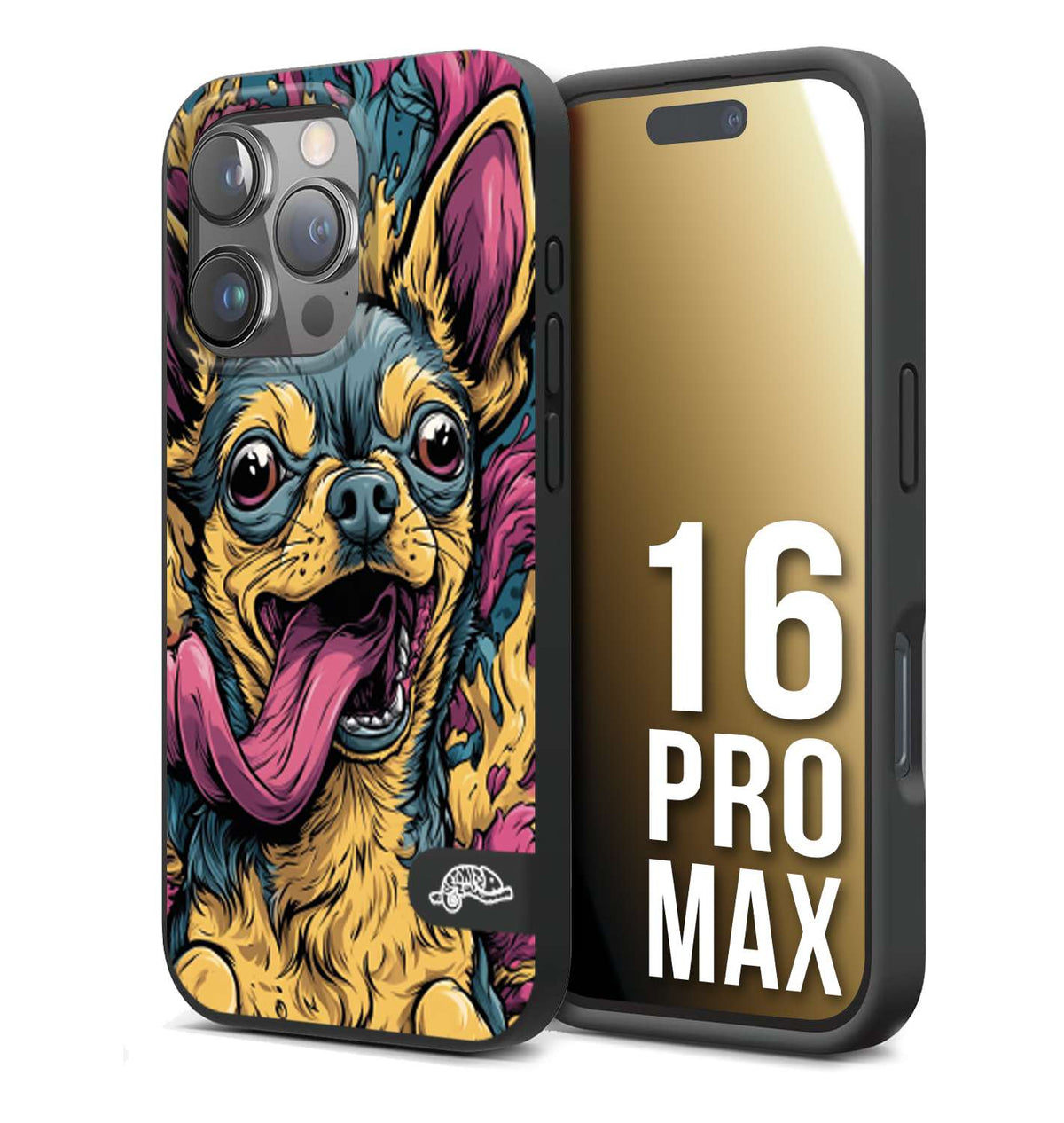 CUSTOMIZZA - Custodia cover nera morbida in tpu compatibile per iPhone 16 PRO MAX Chihuahua illustrazione cane pop art cane street art cartone animato