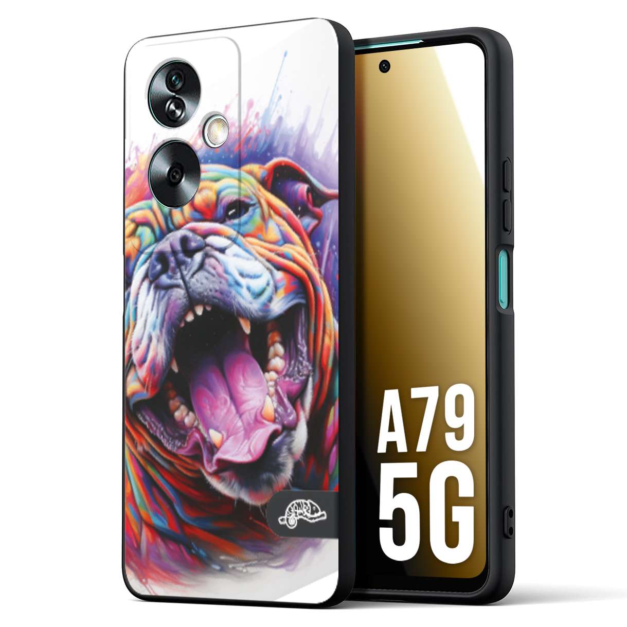 CUSTOMIZZA - Custodia cover nera morbida in tpu compatibile per Oppo A79 5G animali color bulldog cane dog colori vibranti disegnato schizzo