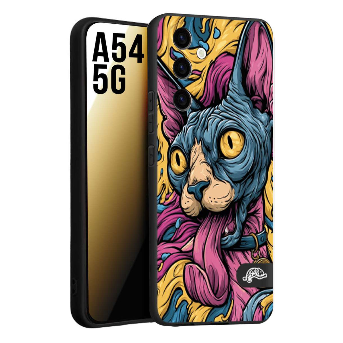 CUSTOMIZZA - Custodia cover nera morbida in tpu compatibile per Samsung A54 5G Sphynx Colorato Pop Art Psichedelico Gatto Blu Rosa Giallo Artistica Fantasy