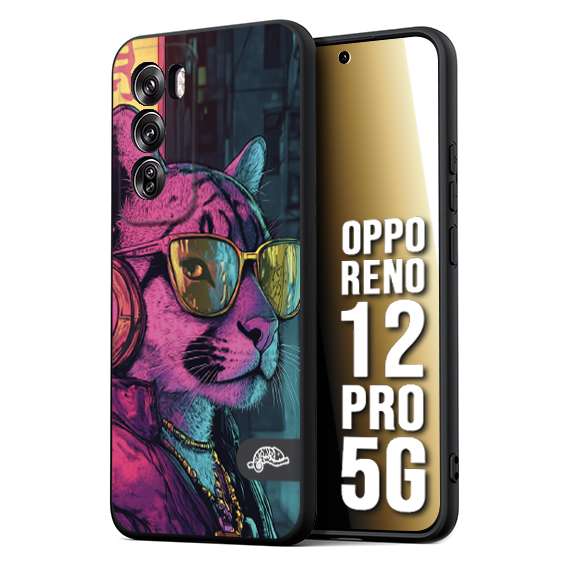 CUSTOMIZZA - Custodia cover nera morbida in tpu compatibile per Oppo Reno 12 PRO 5G animali cyberpunk pantera street cat fucsia blu giallo