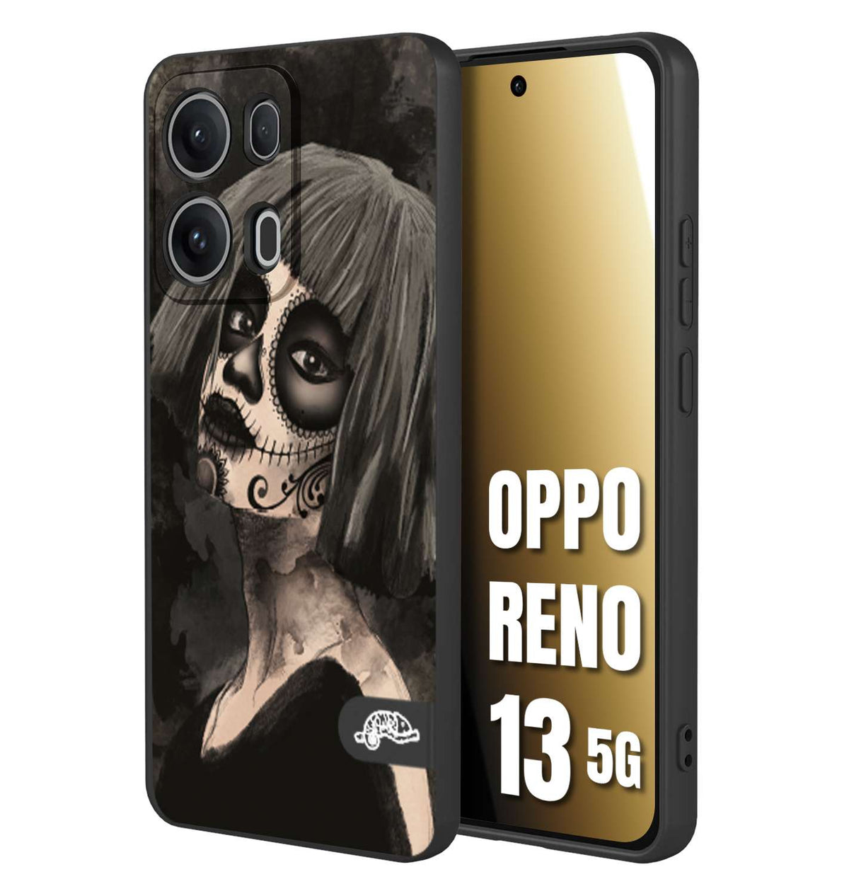 CUSTOMIZZA - Custodia cover nera morbida in tpu compatibile per Oppo Reno 13 5G chicana messicana dea de la muerte donna santa tattoo disegnata