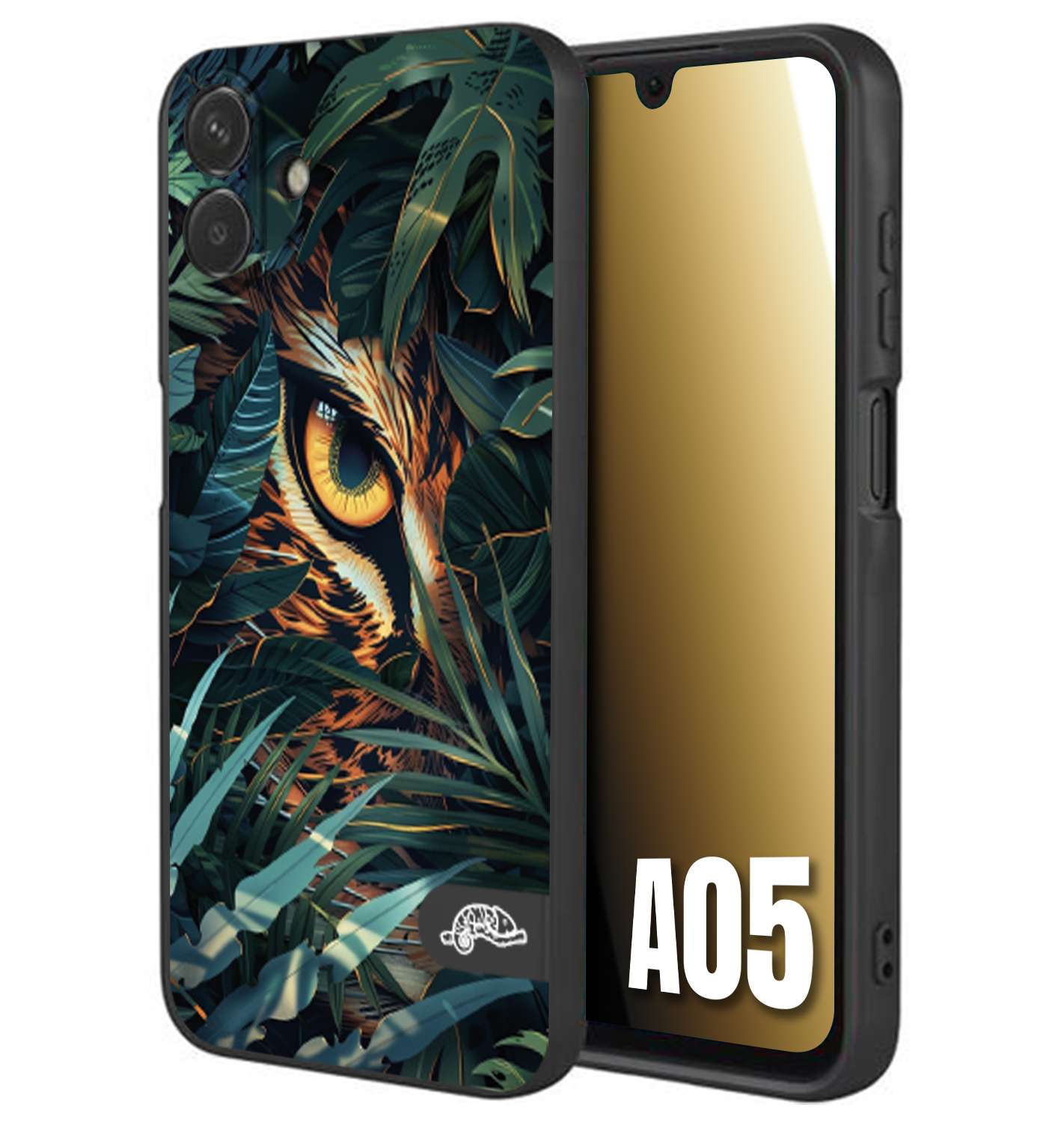 CUSTOMIZZA - Custodia cover nera morbida in tpu compatibile per Samsung A05 animali color giungla tropicale occhio di giaguaro felino disegnato
