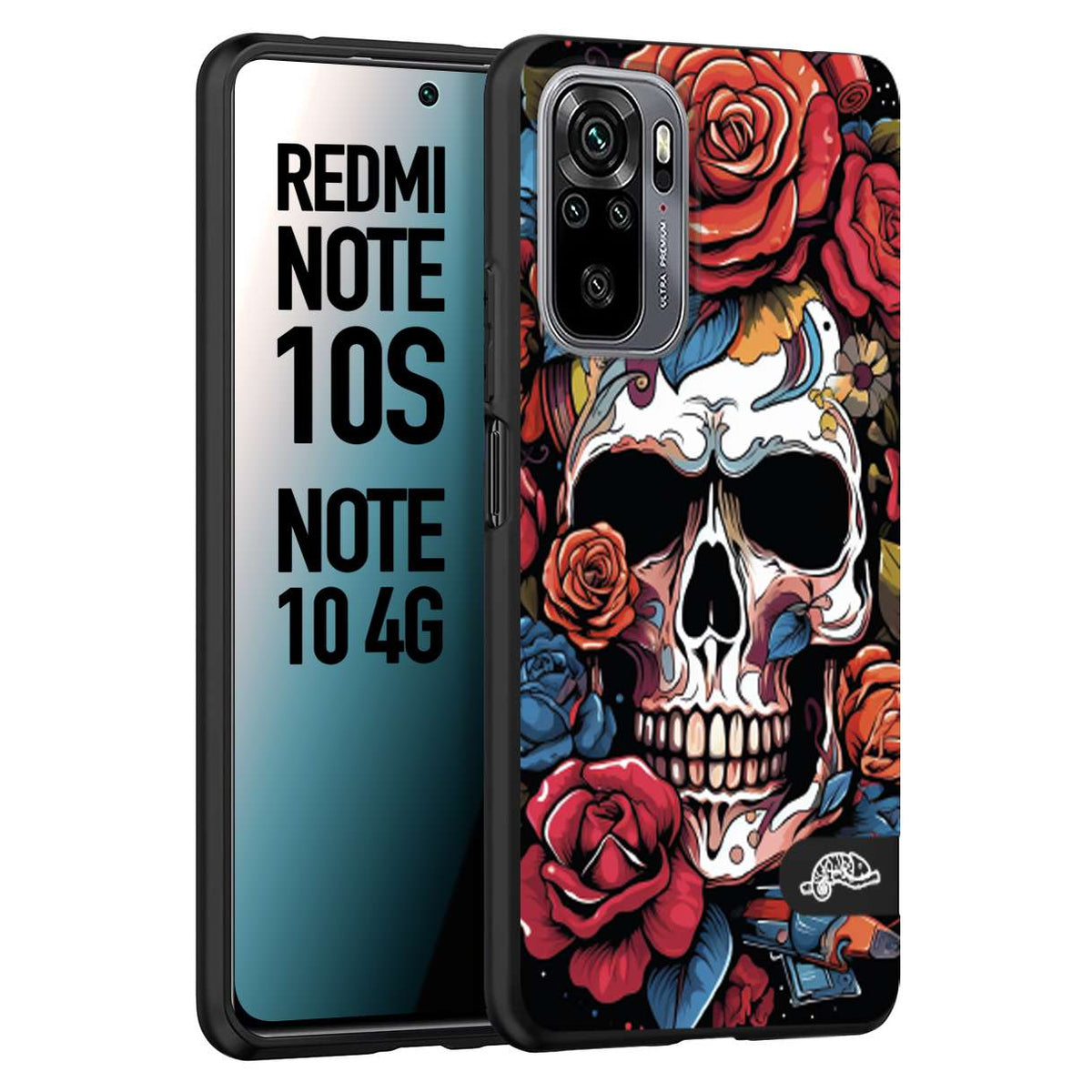 CUSTOMIZZA - Custodia cover nera morbida in tpu compatibile per Xiaomi Redmi Note 10S teschio skull flowers fiori rose rosse tattoo disegnato