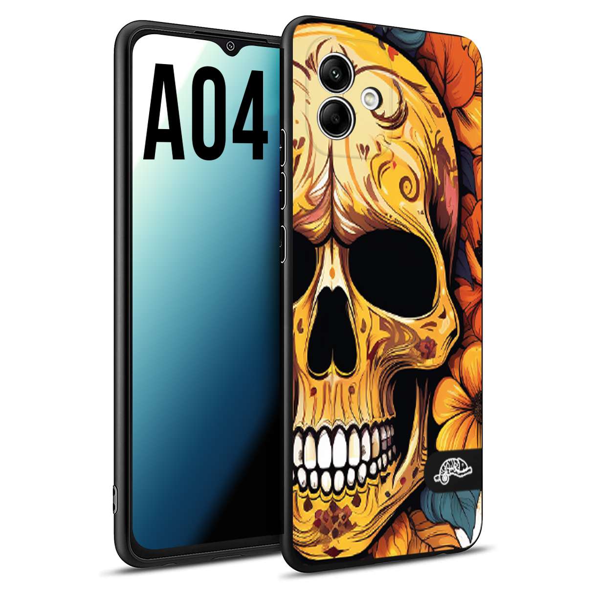 CUSTOMIZZA - Custodia cover nera morbida in tpu compatibile per Samsung A04 teschio messicano colorato dorato fiori autunnali disegnato