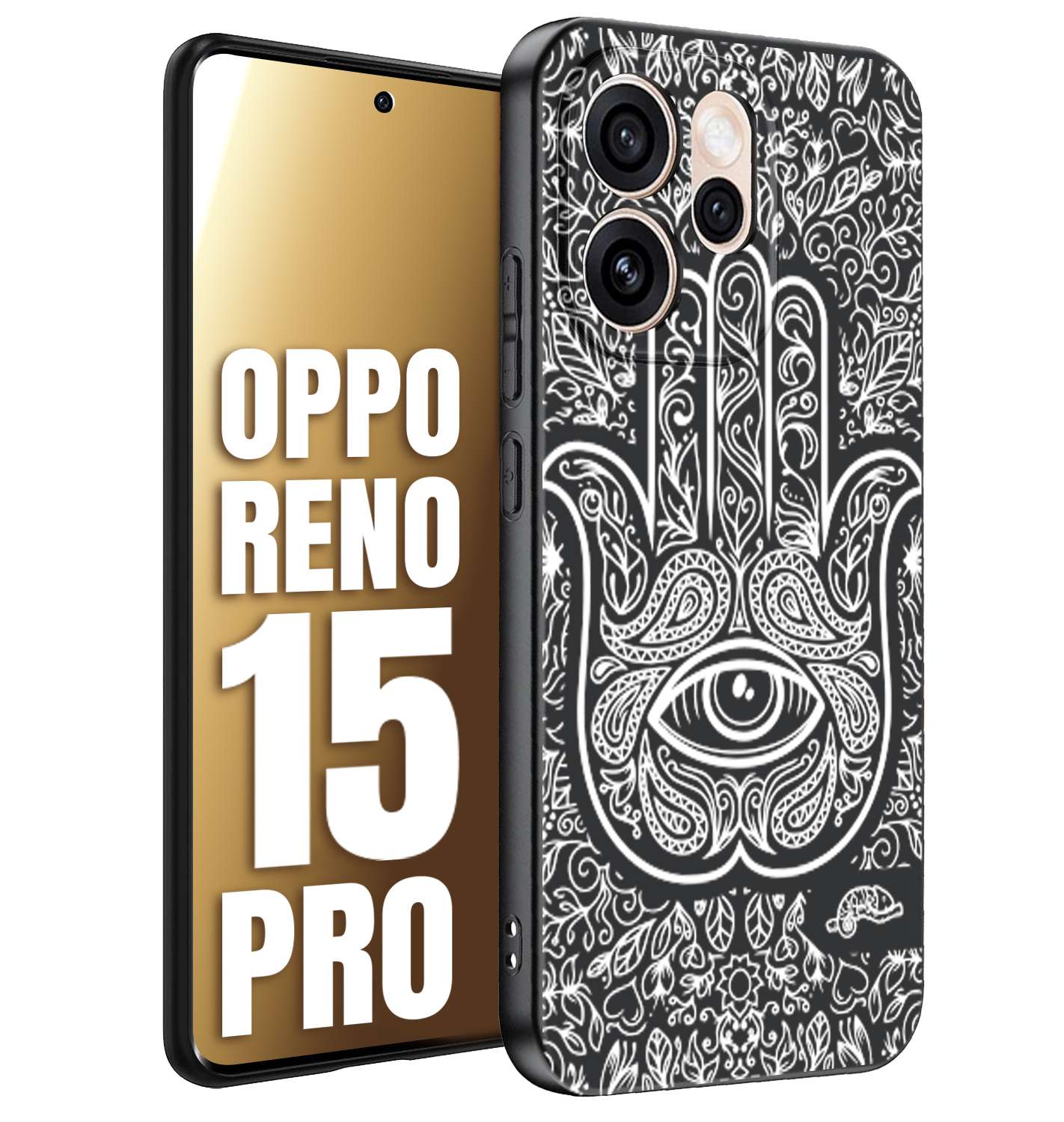 CUSTOMIZZA - Custodia cover nera morbida in tpu compatibile per Oppo Reno 15 PRO mano di fatima effetto rilievo mandala donna