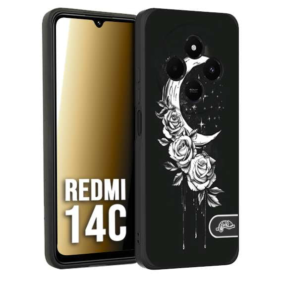 CUSTOMIZZA - Custodia cover nera morbida in tpu compatibile per Xiaomi Redmi 14C luna e fiori moon flowers black and white bianco a rilievo disegnato