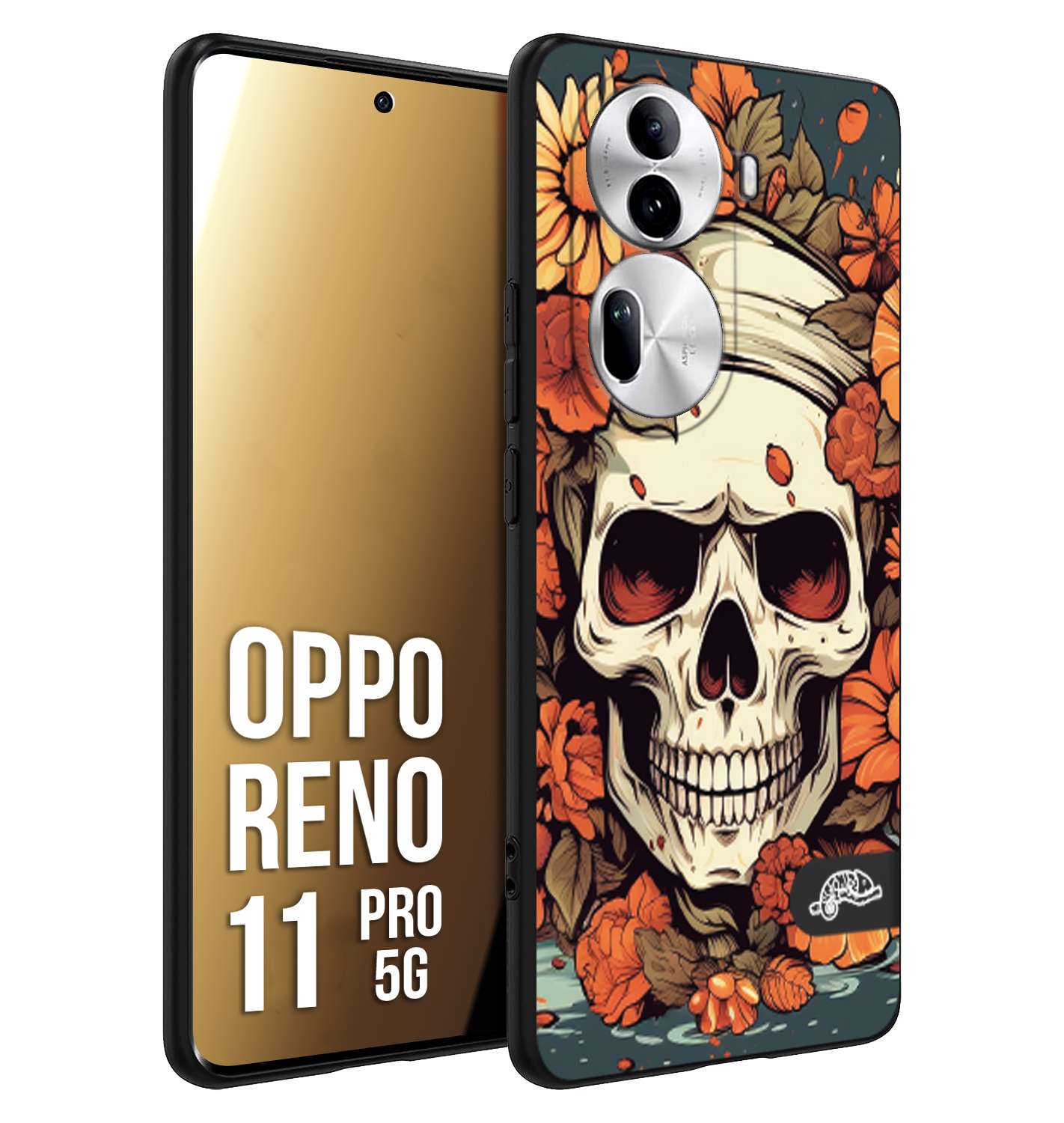 CUSTOMIZZA - Custodia cover nera morbida in tpu compatibile per Oppo Reno 11 PRO 5G teschio skull flowers fiori tattoo disegnato alta definizione