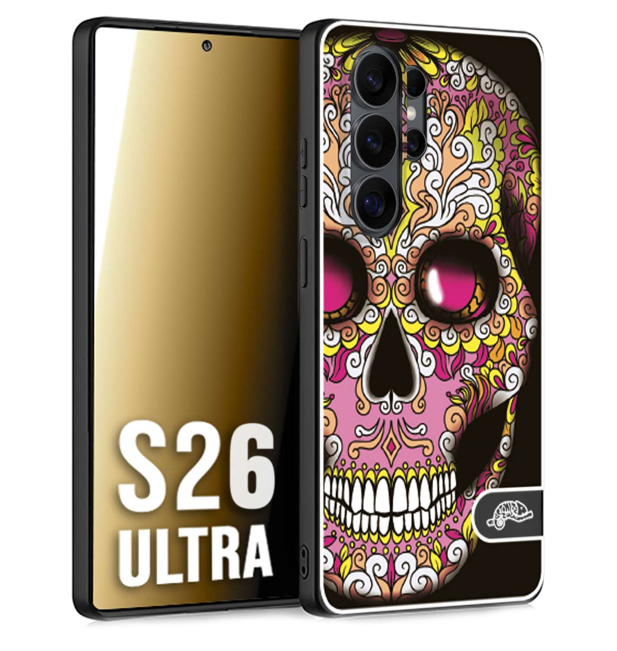 CUSTOMIZZA - Custodia cover nera morbida in tpu compatibile per Samsung S26 ULTRA teschio messicano Mexican skull rosa gialla