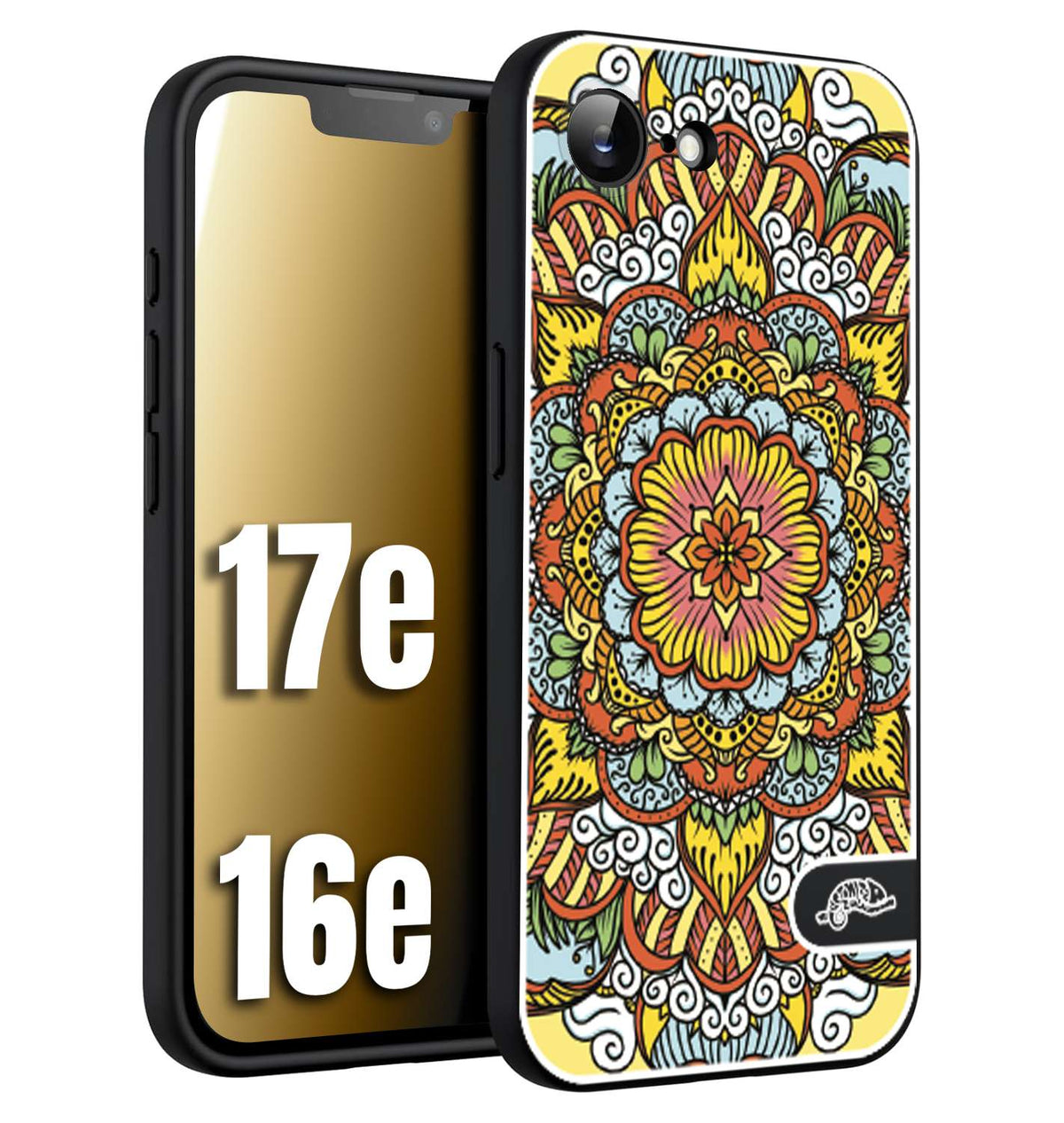 CUSTOMIZZA - Custodia cover nera morbida in tpu compatibile per iPhone 16E - 17E mandala colorato fiore nuvole arancione