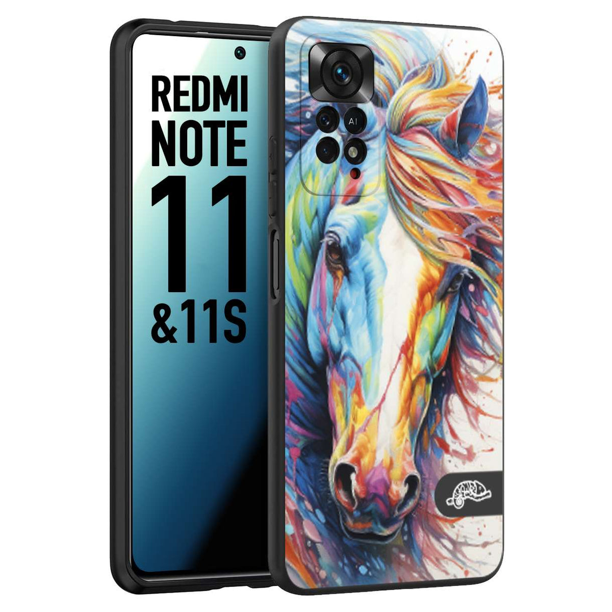 CUSTOMIZZA - Custodia cover nera morbida in tpu compatibile per Xiaomi Redmi Note 11 - Note 11S animali color cavallo horse viso colori vibranti disegnato schizzo