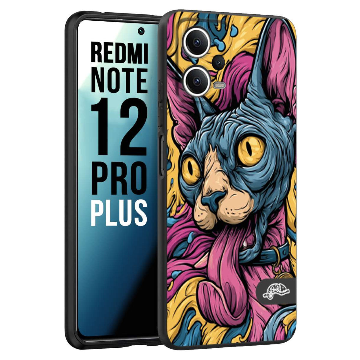 CUSTOMIZZA - Custodia cover nera morbida in tpu compatibile per Xiaomi Redmi Note 12 PRO PLUS Sphynx Colorato Pop Art Psichedelico Gatto Blu Rosa Giallo Artistica Fantasy