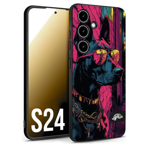 CUSTOMIZZA - Custodia cover nera morbida in tpu compatibile per Samsung S24 animali cyberpunk dobermann cane street dog fucsia blu