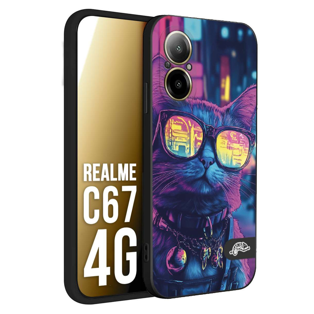 CUSTOMIZZA - Custodia cover nera morbida in tpu compatibile per Realme C67 4G animali cyberpunk gatto street cat fucsia blu giallo