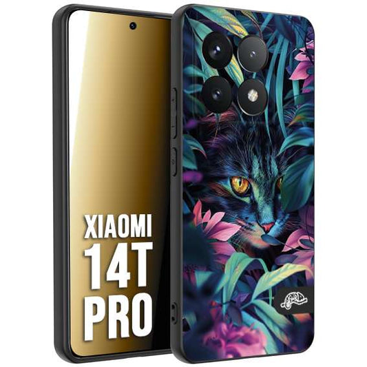 CUSTOMIZZA - Custodia cover nera morbida in tpu compatibile per Xiaomi 14T PRO animali color giungla tropicale occhio di gatto colori vibranti disegnato