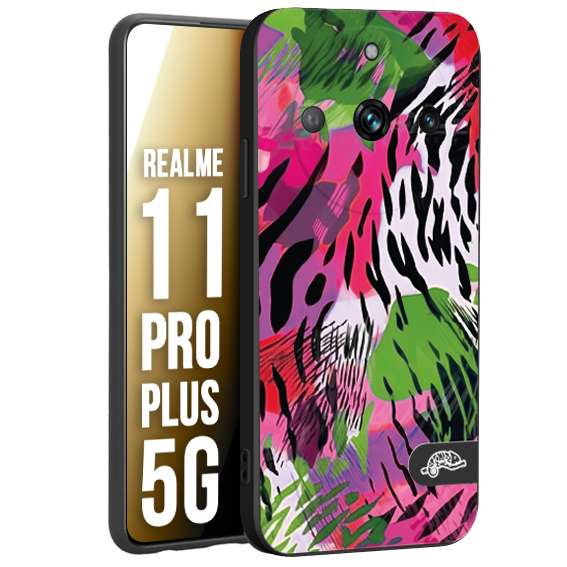 CUSTOMIZZA - Custodia cover nera morbida in tpu compatibile per Oppo Realme 11 PRO PLUS 5G leopardato tigrato tiger colorata summer color verde fucsia