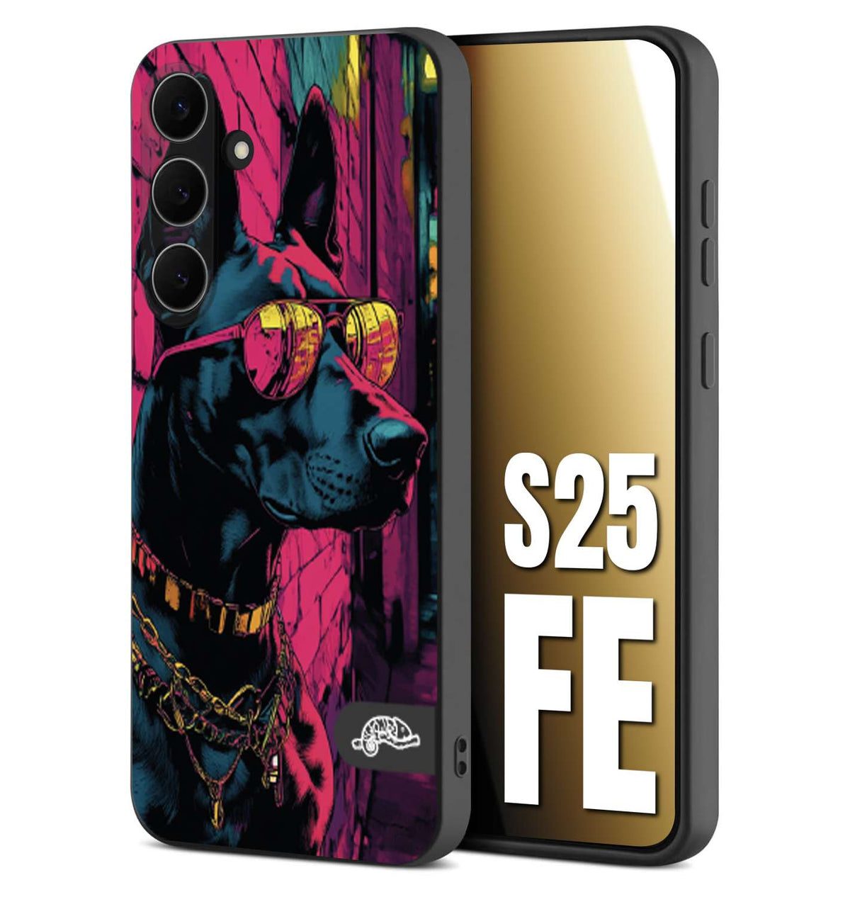 CUSTOMIZZA - Custodia cover nera morbida in tpu compatibile per Samsung S25 FE animali cyberpunk dobermann cane street dog fucsia blu