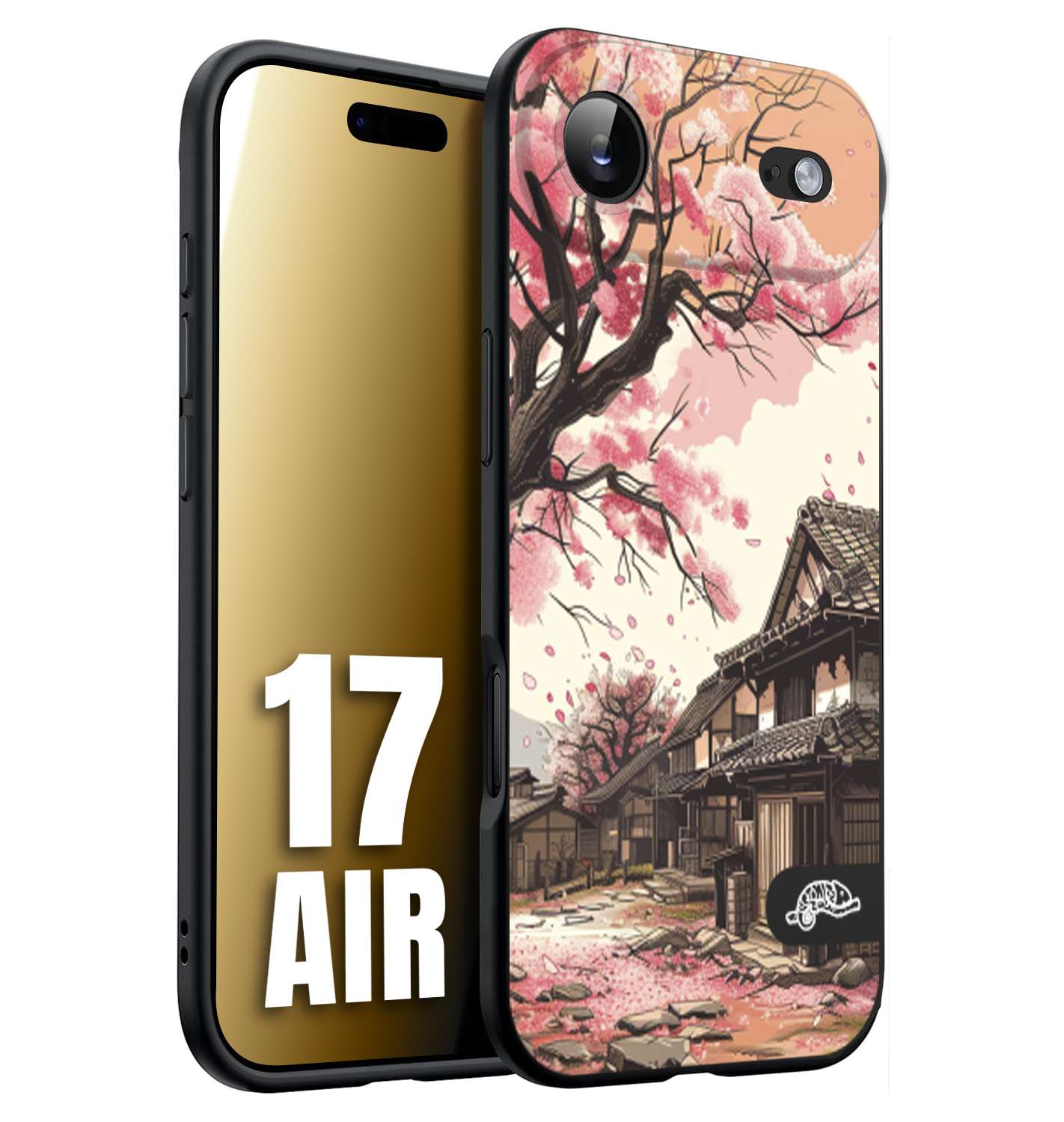 CUSTOMIZZA - Custodia cover nera morbida in tpu compatibile per iPhone 17 AIR casa giapponese rosa ciliegio in fiore disegnata tattoo