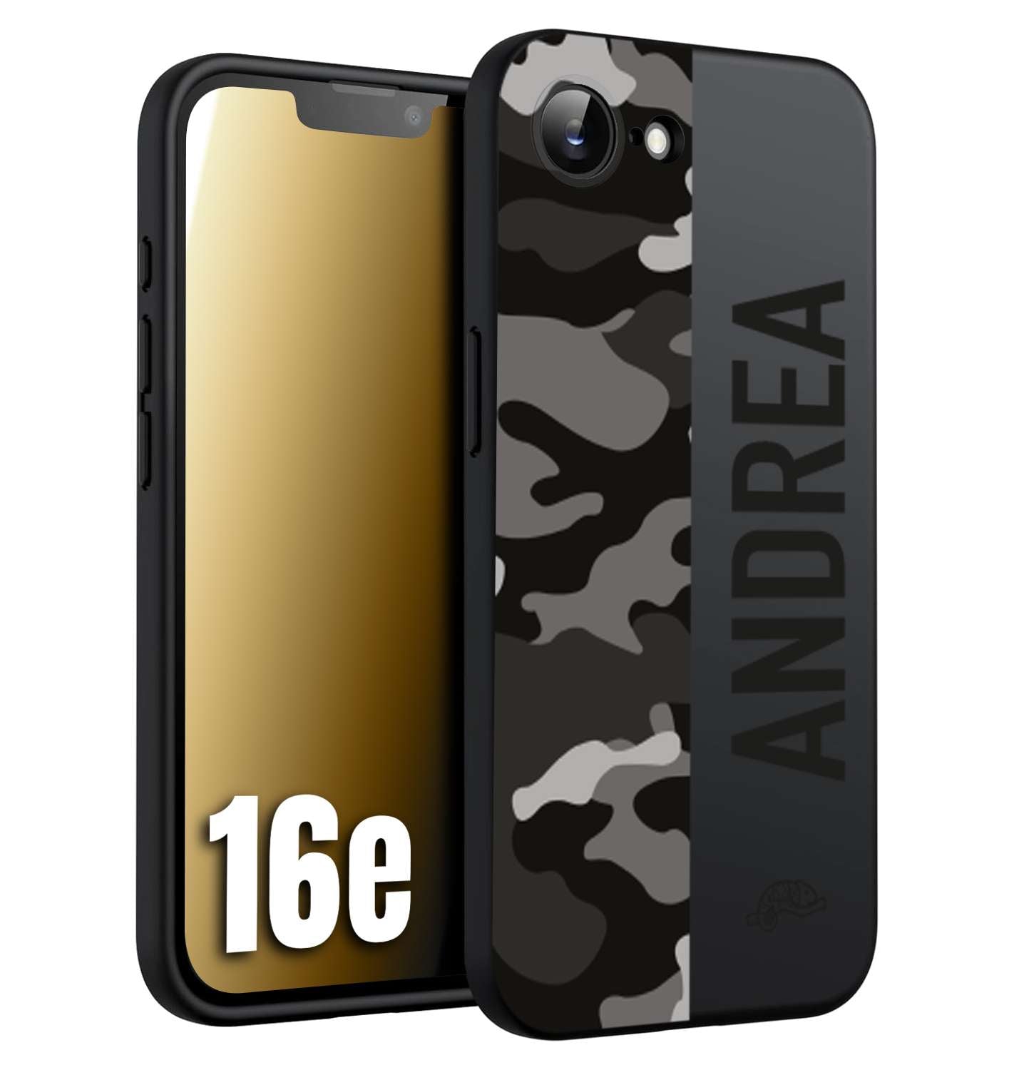 CUSTOMIZZA - Custodia cover nera morbida in tpu compatibile per iPhone 16E camouflage mimetico militare personalizzata nome