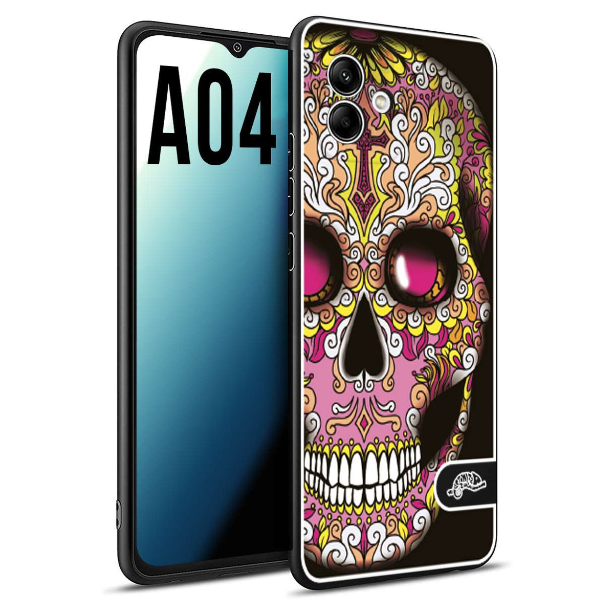 CUSTOMIZZA - Custodia cover nera morbida in tpu compatibile per Samsung A04 teschio messicano Mexican skull rosa gialla