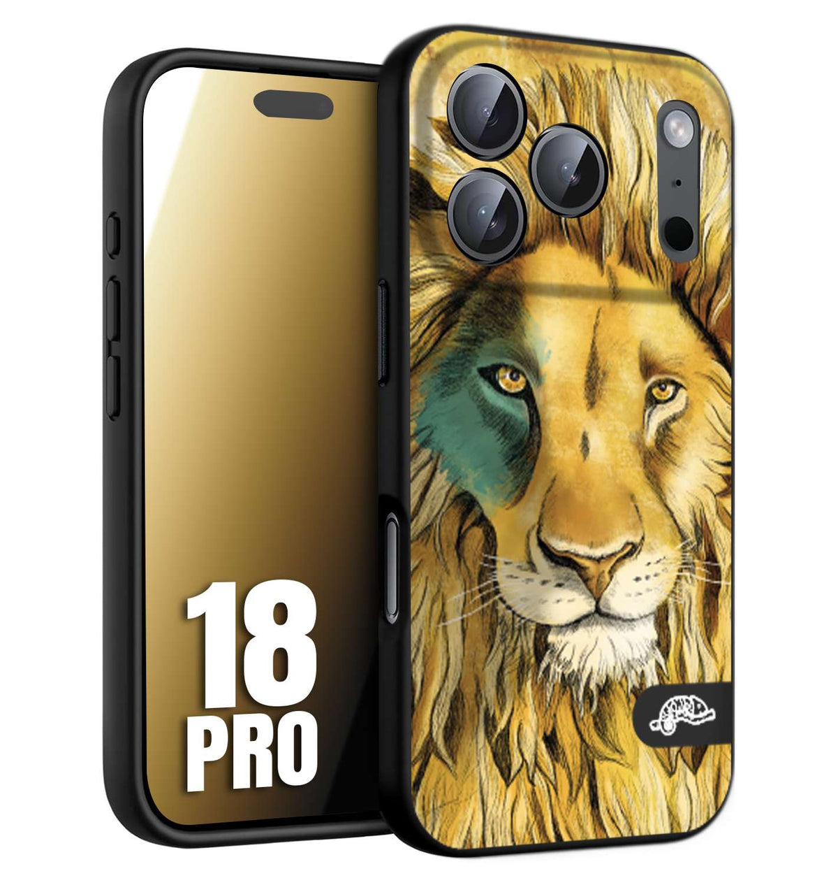 CUSTOMIZZA - Custodia cover nera morbida in tpu compatibile per iPhone 18 PRO leone lion disegnato a mano giallo blu a rilievo artistico brown
