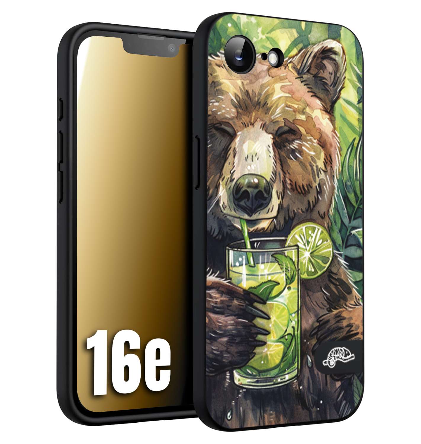 CUSTOMIZZA - Custodia cover nera morbida in tpu compatibile per iPhone 16E fiori estate disegnata cocktails animali simpatici orso bear negroni