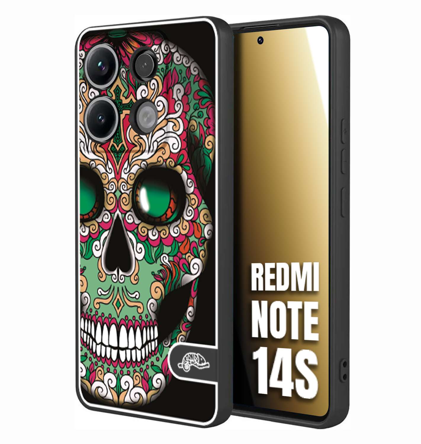 CUSTOMIZZA - Custodia cover nera morbida in tpu compatibile per Xiaomi Redmi Note 14S teschio messicano Mexican skull verde fucsia