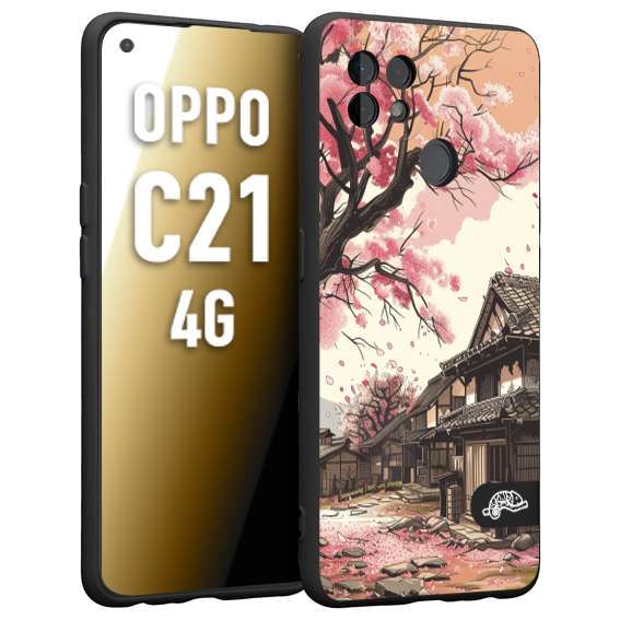 CUSTOMIZZA - Custodia cover nera morbida in tpu compatibile per Realme C21 4G casa giapponese rosa ciliegio in fiore disegnata tattoo