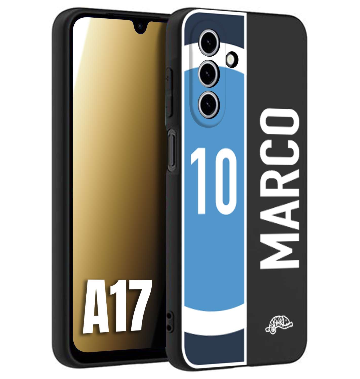 CUSTOMIZZA - Custodia cover nera morbida in tpu compatibile per Samsung A17 personalizzata calcio football nome e numero calciatori biancoazzurri bianco celesti
