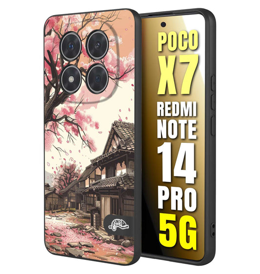 CUSTOMIZZA - Custodia cover nera morbida in tpu compatibile per Xiaomi Redmi Note 14 PRO 5G casa giapponese rosa ciliegio in fiore disegnata tattoo