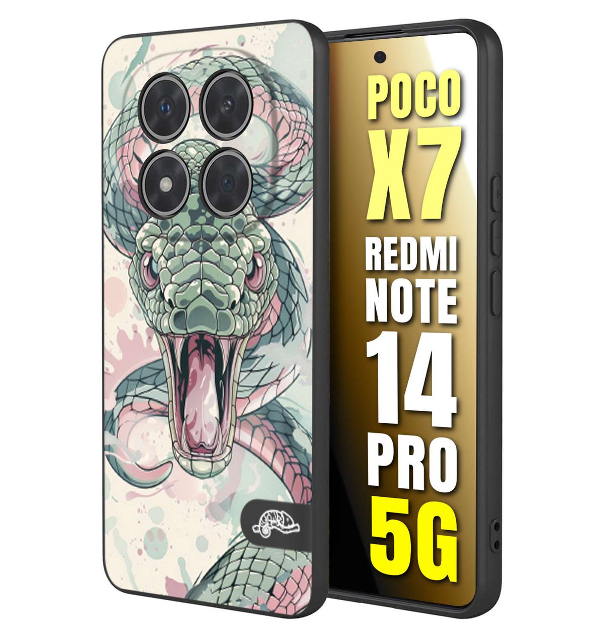 CUSTOMIZZA - Custodia cover nera morbida in tpu compatibile per Xiaomi Redmi Note 14 PRO 5G snake pink green serpente tatuaggio tattoo disegnato a mano