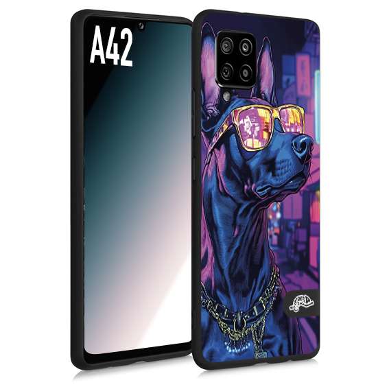 CUSTOMIZZA - Custodia cover nera morbida in tpu compatibile per Samsung A42 animali cyberpunk dobermann cane street dog fucsia blu night