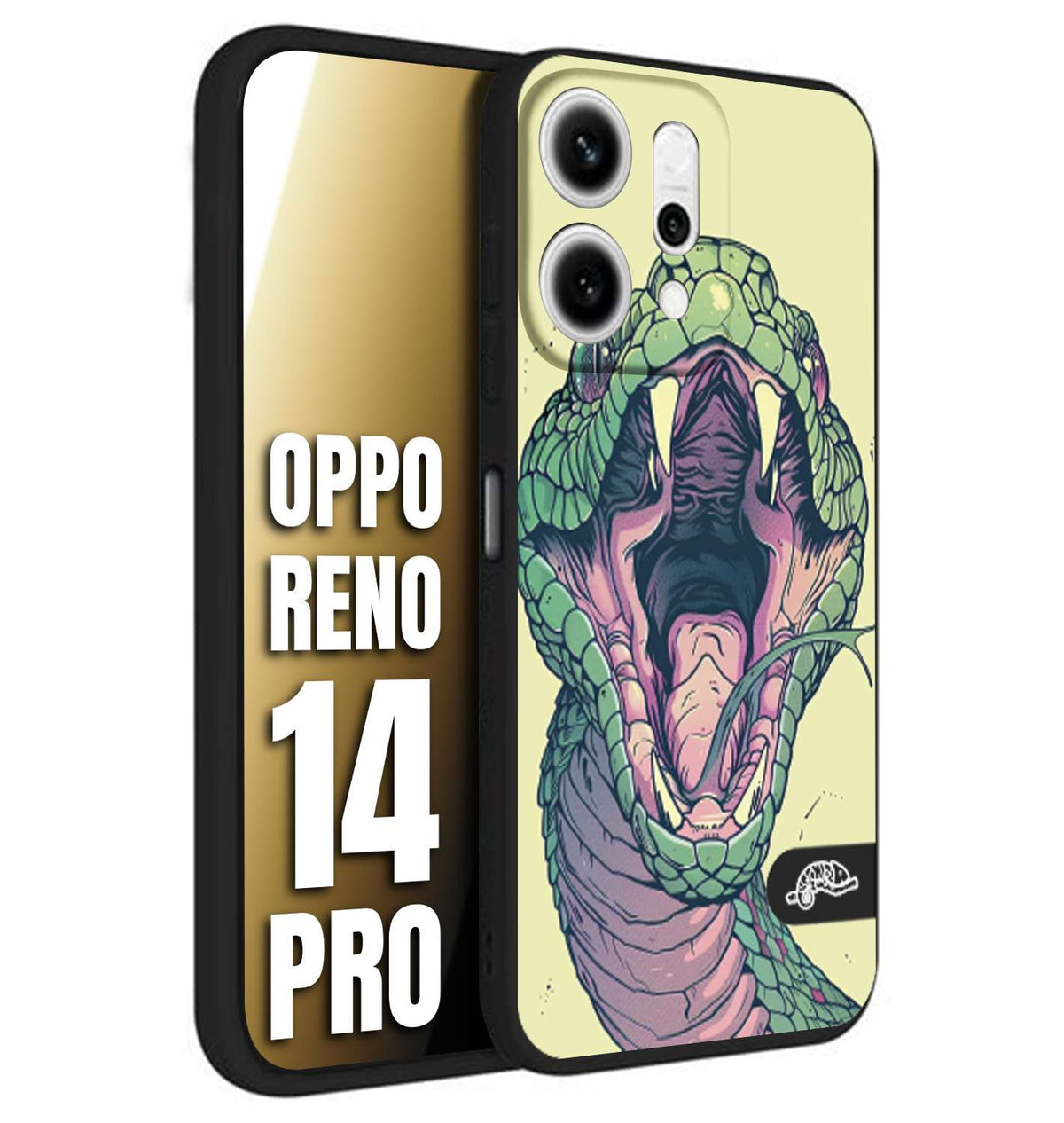 CUSTOMIZZA - Custodia cover nera morbida in tpu compatibile per Oppo Reno 14 PRO snake yellow green serpente tatuaggio tattoo disegnato a mano