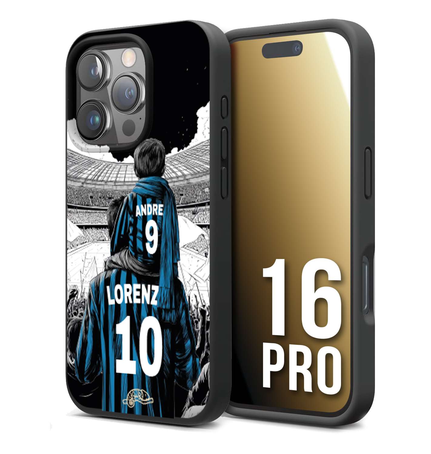 CUSTOMIZZA - Custodia cover nera morbida in tpu compatibile per iPhone 16 PRO personalizzata calcio football padre e figlio calciatori nerazzurra