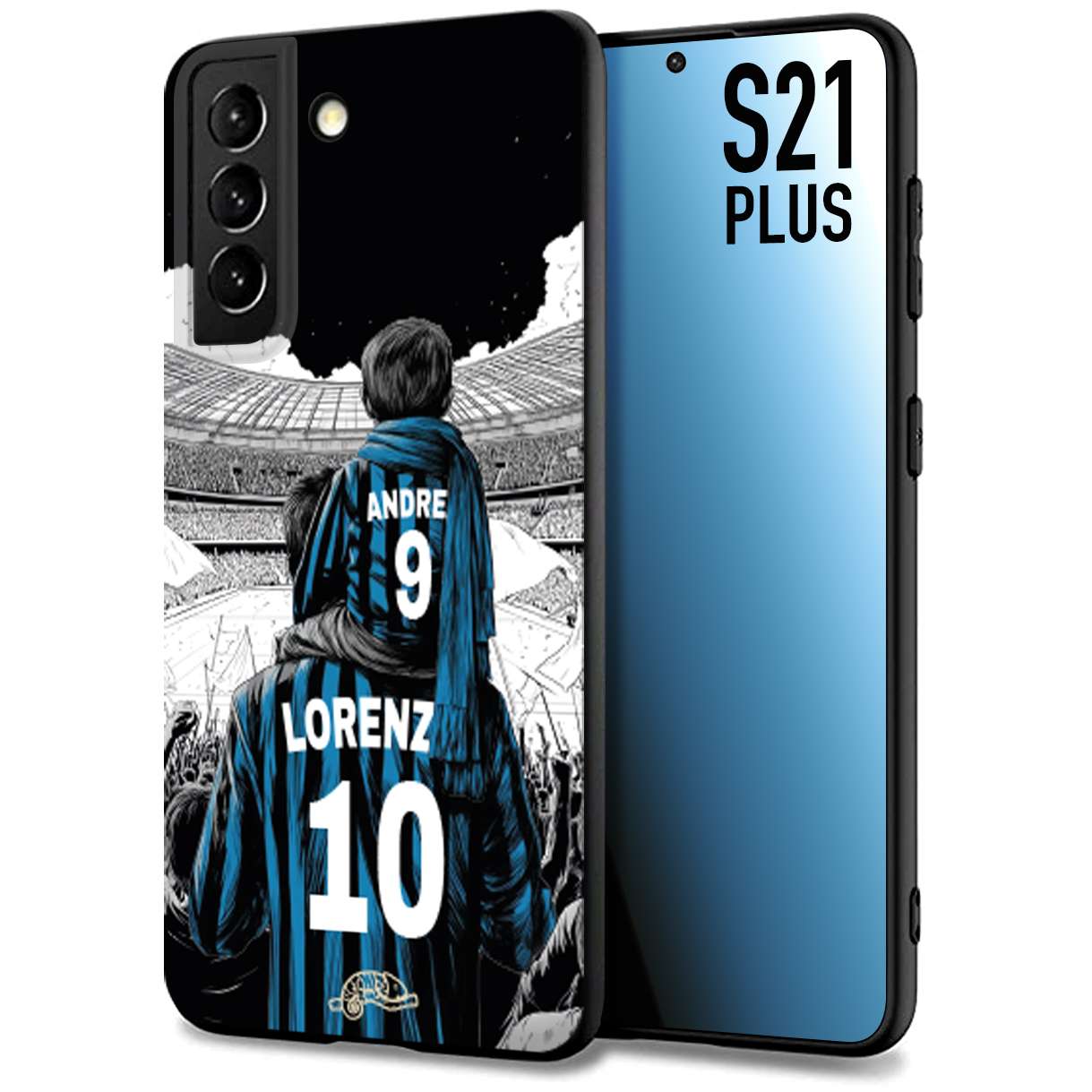 CUSTOMIZZA - Custodia cover nera morbida in tpu compatibile per Samsung S21 PLUS personalizzata calcio football padre e figlio calciatori nerazzurra