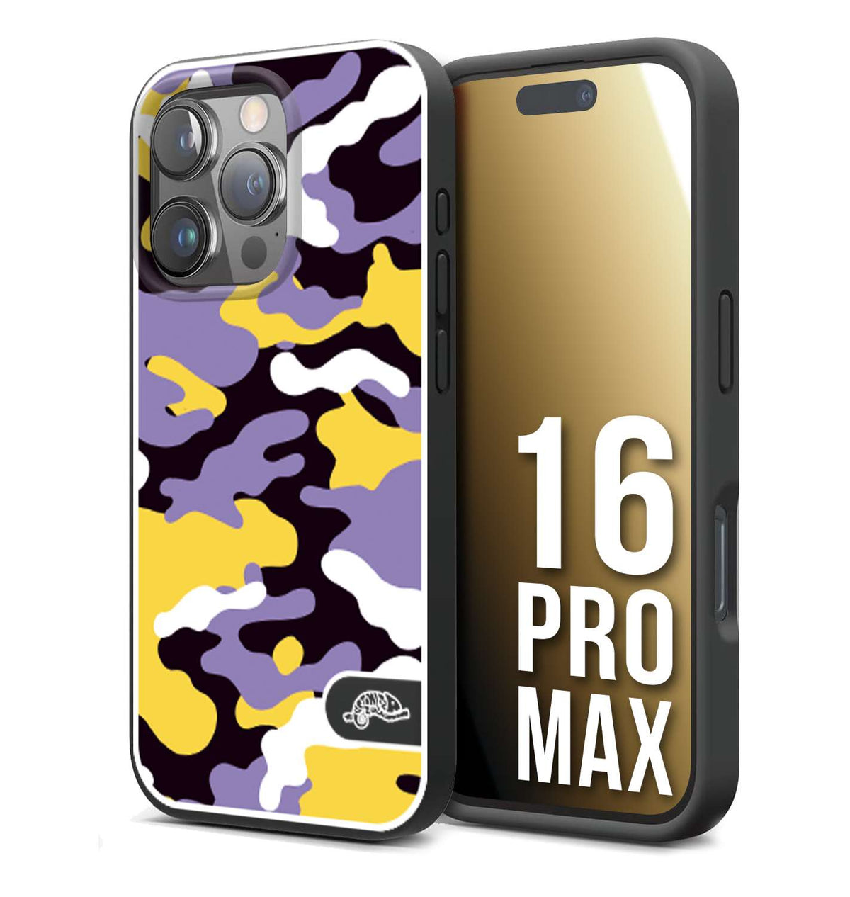 CUSTOMIZZA - Custodia cover nera morbida in tpu compatibile per iPhone 16 PRO MAX camouflage mimetico militare viola lilla giallo