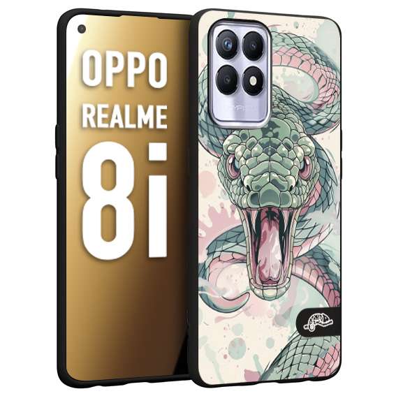 CUSTOMIZZA - Custodia cover nera morbida in tpu compatibile per Realme 8i snake pink green serpente tatuaggio tattoo disegnato a mano